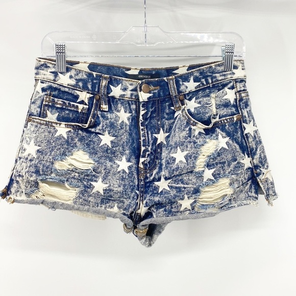 Forever 21 star print acid washed denim deconstructed shorts patriotic western - Picture 1 of 4